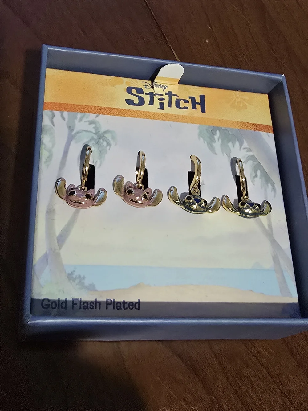 Disney Stitch Gold Flash Plated Pink 💕 and Blue Dangle Earrings Set, New in Box